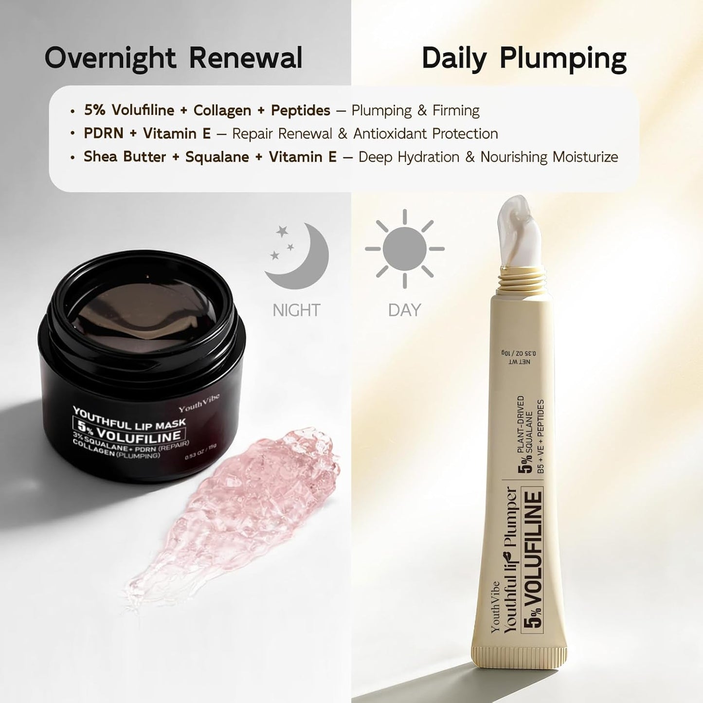 YouthVibe Lip Serum & Gloss - Hydrating 5% Volufiline Formula with Shea Butter & Collagen | Clear, Non-Sticky Essence for Fuller Lips