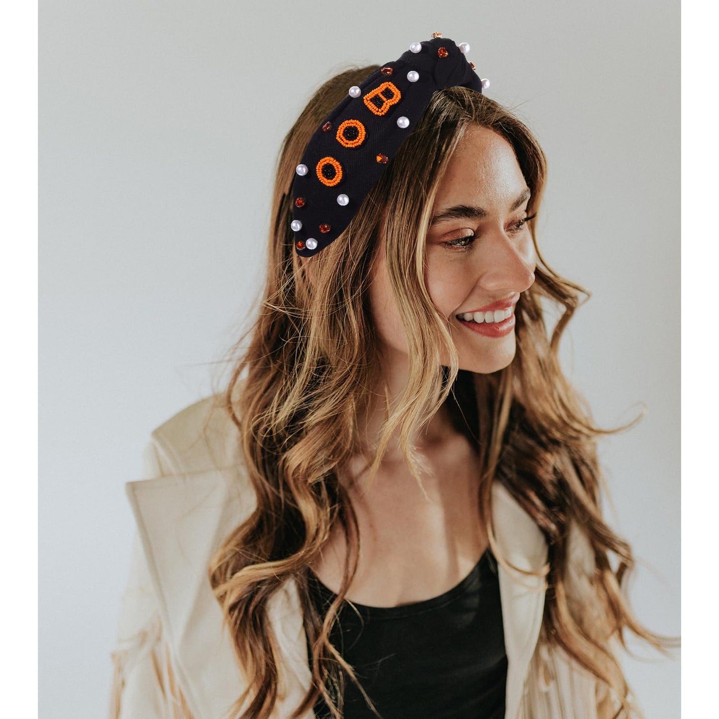 Women's Beaded Embellished Rhinestone Pearl Top Knot Hair Accessory for Halloween Costume Party (Orange Boo Headband)