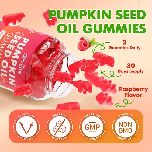 GrnLife Pumpkin Seed Oil Gummies with Saw Palmetto, Organic Pumpkin Seed Oil Supplement for Hair Growth & Skin Health, High Pure Extract for Women Men, Raspberry Flavor, 60 Count