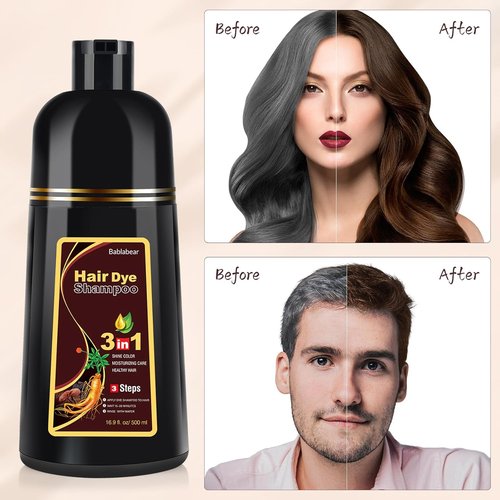 Bablabear Dark Brown Hair Color Shampoo - Instant 3-in-1 Dye for Gray Hair | 500ML for Men & Women