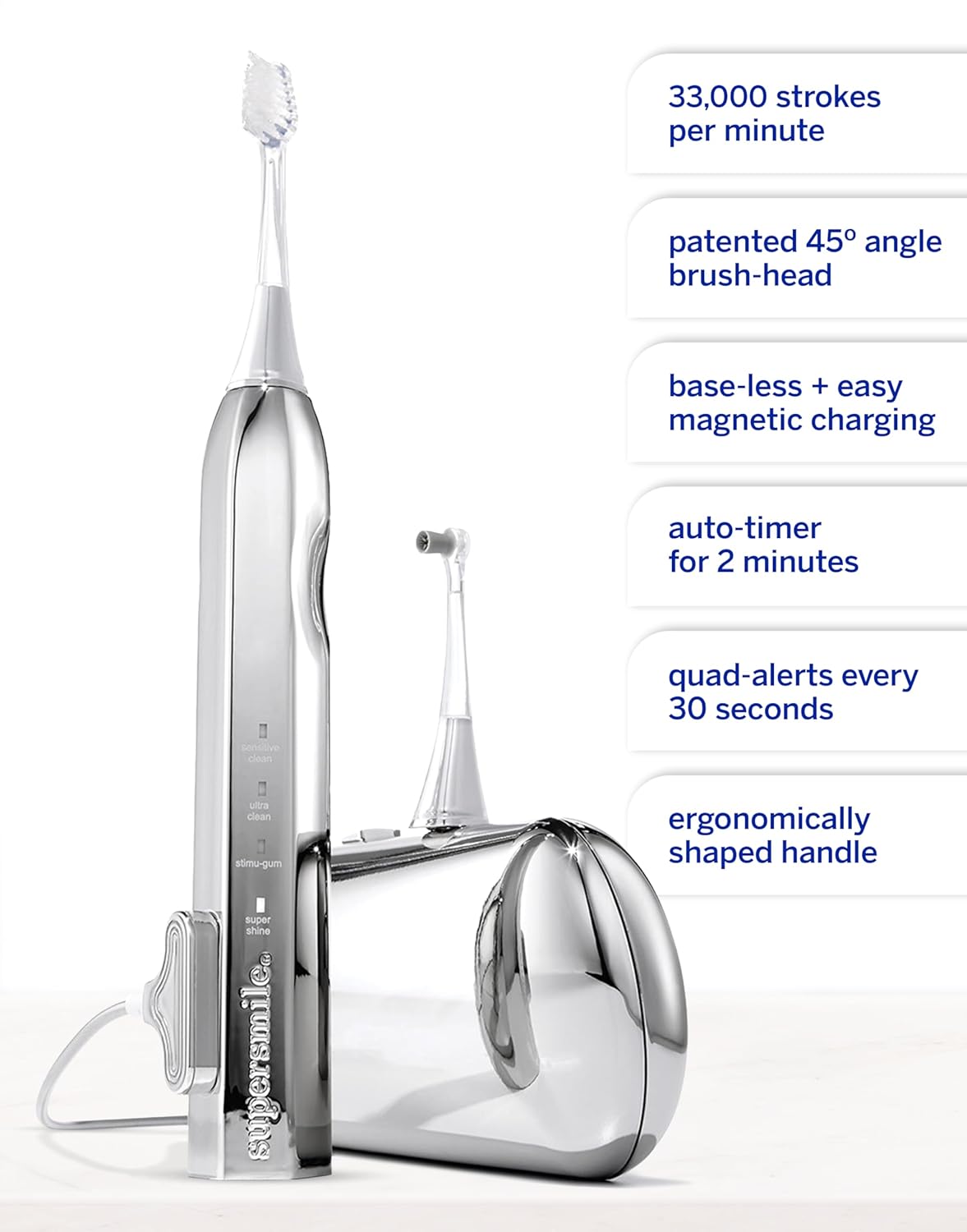 Supersmile Zina45™ Deluxe Sonic Pulse Toothbrush - Rechargeable Electric Brush with Angled Head & Travel Case for Whiter Teeth
