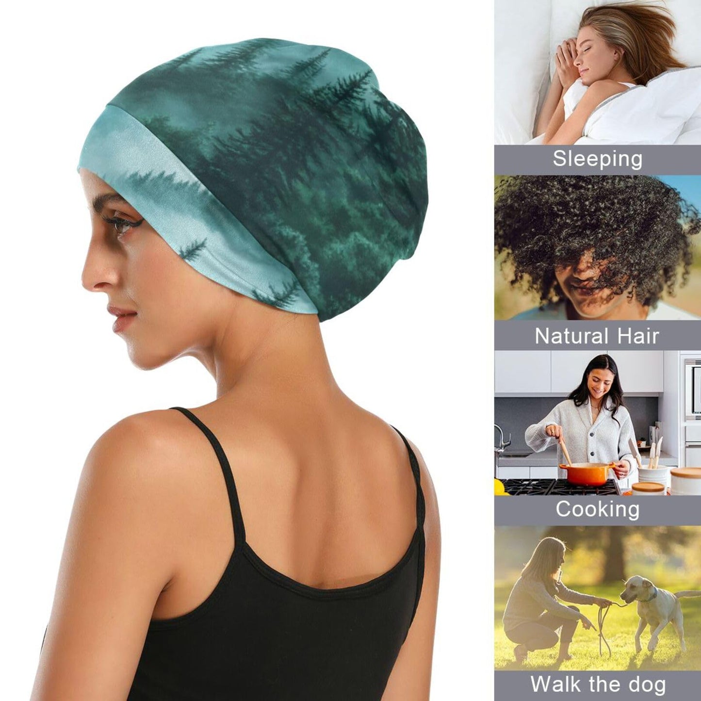 ElliTarr Beanie Hat Satin Bonnet Lined Sleep Cap Hair Wrap Cover Slouchy Beanie for Curly Hair Protection for Gifts for Men Women Foggy Green Mountains and Pine Trees