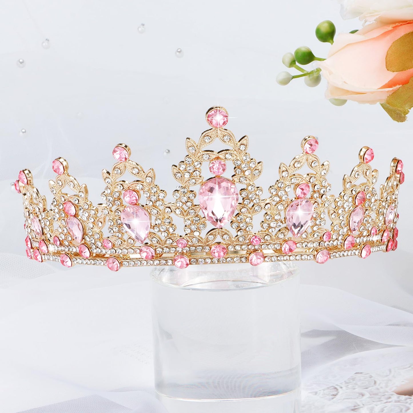 SuPoo Pink Birthday Sash and Crown Kit Princess Crown Gold Birthday Tiara Birthday Girl Crown with Comb Birthday Sash for Women Crystal Tiaras for Girls Headband Happy Birthday Decorations Gifts