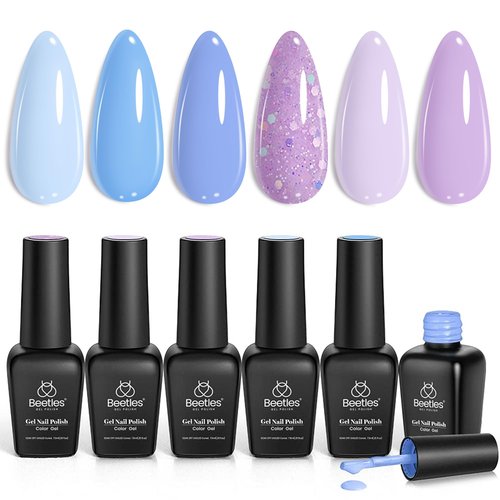 Beetles Gel Nail Polish Set - 6 Colors Purple Baby Blue Light Color Gel Nail Kit Lavender Violets Collection Soak Off UV LED Gel Manicure DIY Periwinkle Nail Polish Salon Spring Gift for Women Girls