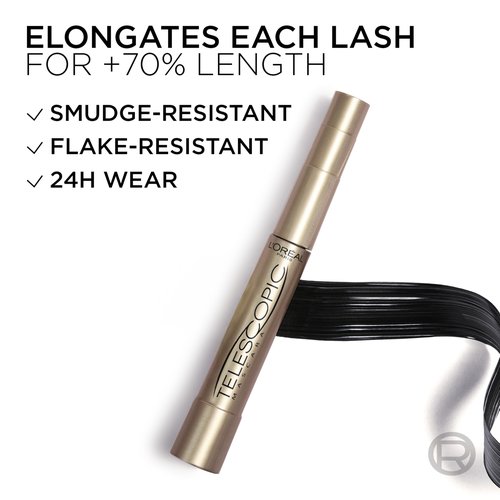 L’Oreal Paris Makeup Original Telescopic Mascara, Separating Mascara Volume and Length Formula, Washable, Blackest Black, 0.27 Fl Oz., 2 Count