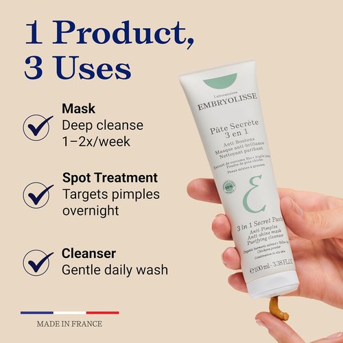 Embryolisse 3-in-1 Anti-Acne Clay Mask - Clear Breakouts for Oily/Combination Skin | 3.38 Fl Oz