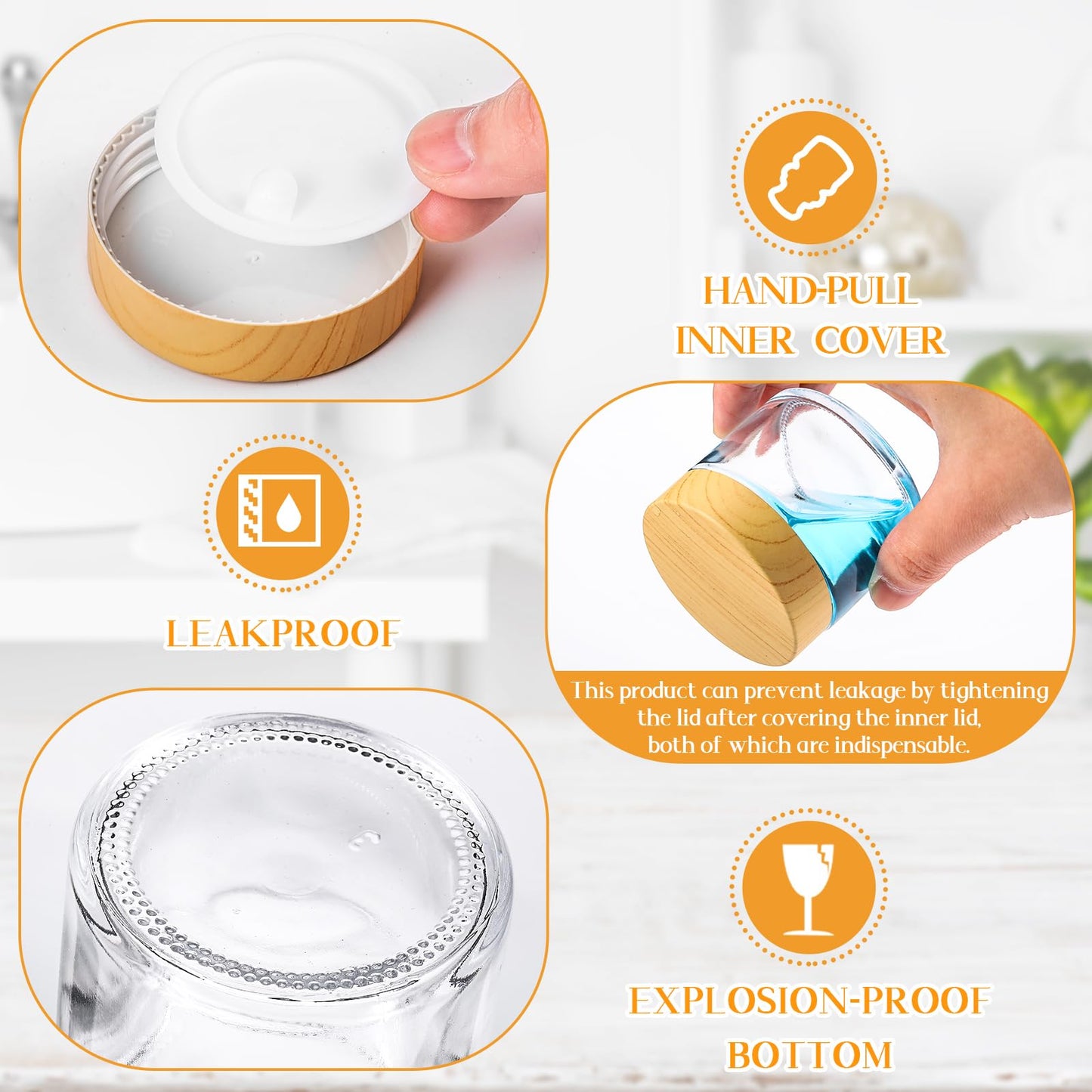 Layhit 12 Pcs Glass Jars with Lids Clear Small Jars with Plastic Woodgrain Lids, White Labels and Inner Liners Empty Round Cosmetic Containers for Creams Lotions Powder Ointments Candle Making (2 oz)