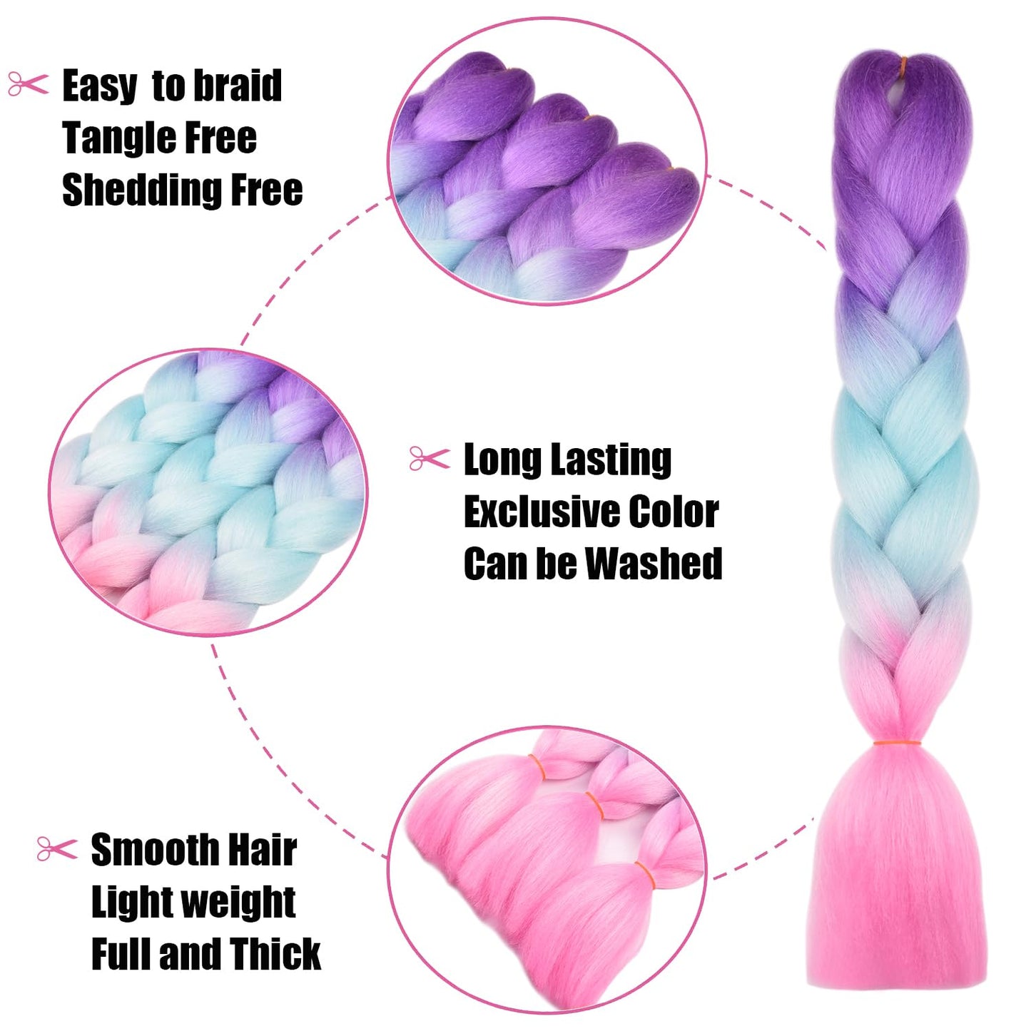 BACANA Pink Ombre Braiding Hair Kanekalon Purple Blue Pink Mermaid Color 3Packs Jumbo Braiding Hair Supplies Synthetic Hair for Braiding 3Tone Ombre Real Soft Healthy (Purple/Maldives Blue/Pink)