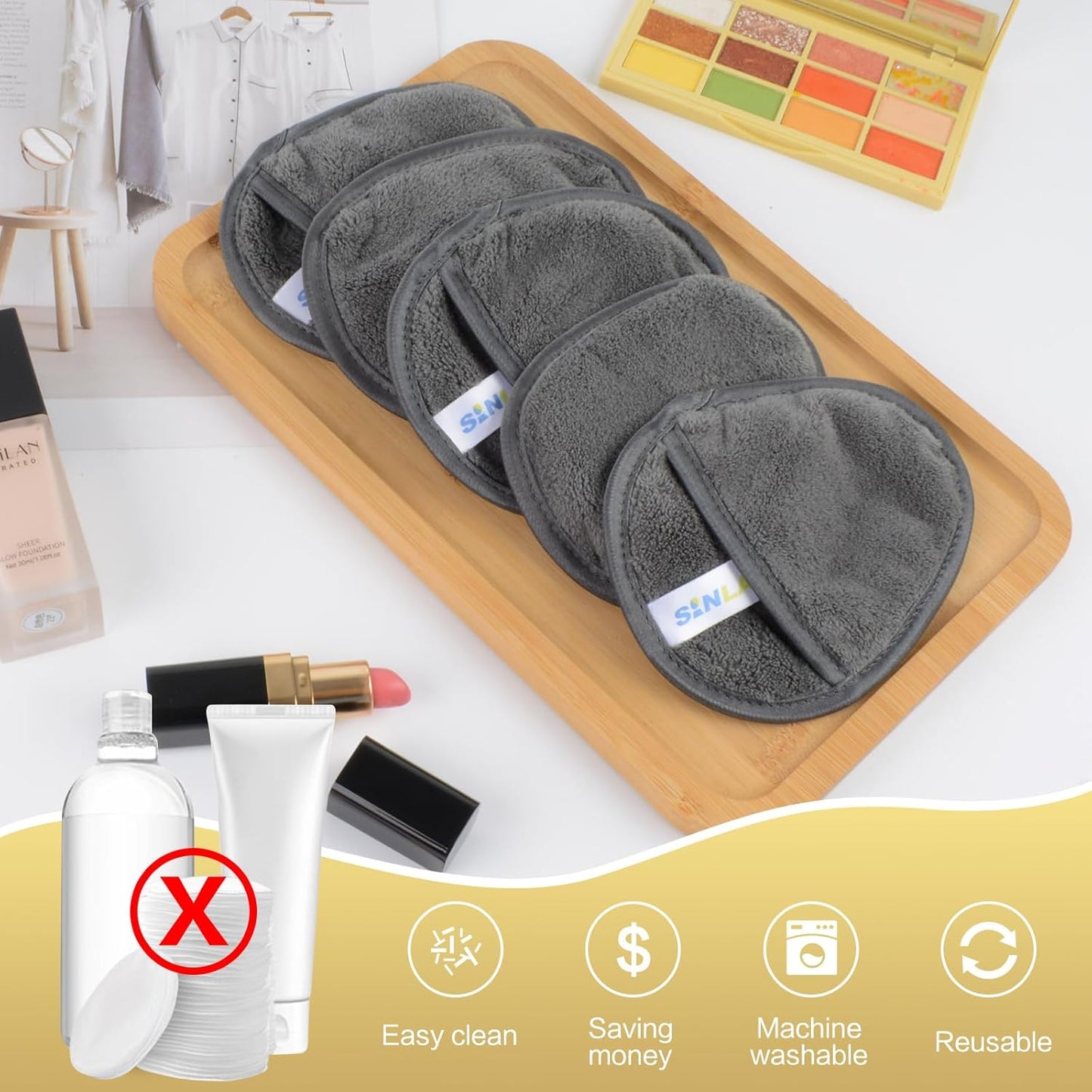 SINLAND Reusable Makeup Remover Pads - Gentle Microfiber Cleansing Cloths for All Skin Types | Grey, 6-Pack (5.1"x3.9")