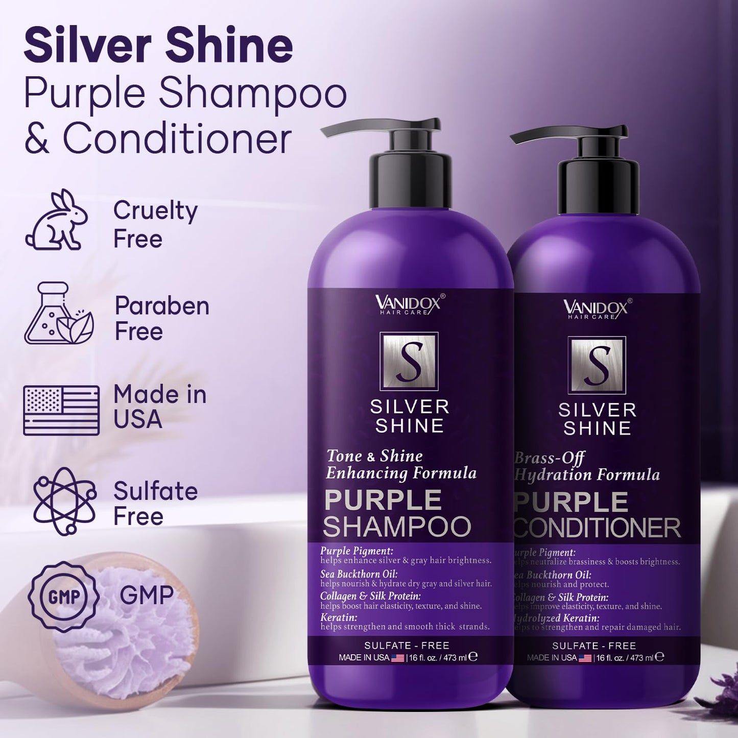 VANIDOX Purple Shampoo & Conditioner Set - Sulfate-Free, Moisturizing for Grey & Silver Hair | 16 fl oz Each