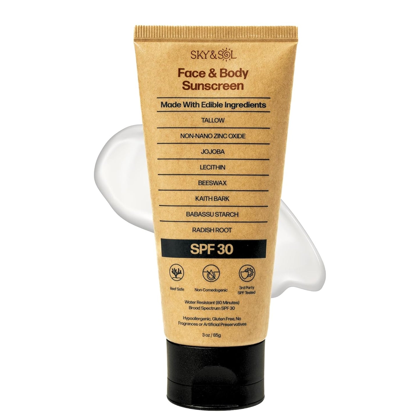 Sky and Sol Natural Mineral Sunscreen SPF 30 - Reef Safe, Water Resistant, Fragrance-Free, 3 oz