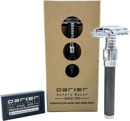 Parker 92R Heavyweight Double Edge Safety Razor - Graphite Gray Long Handle with 5 Premium Blades