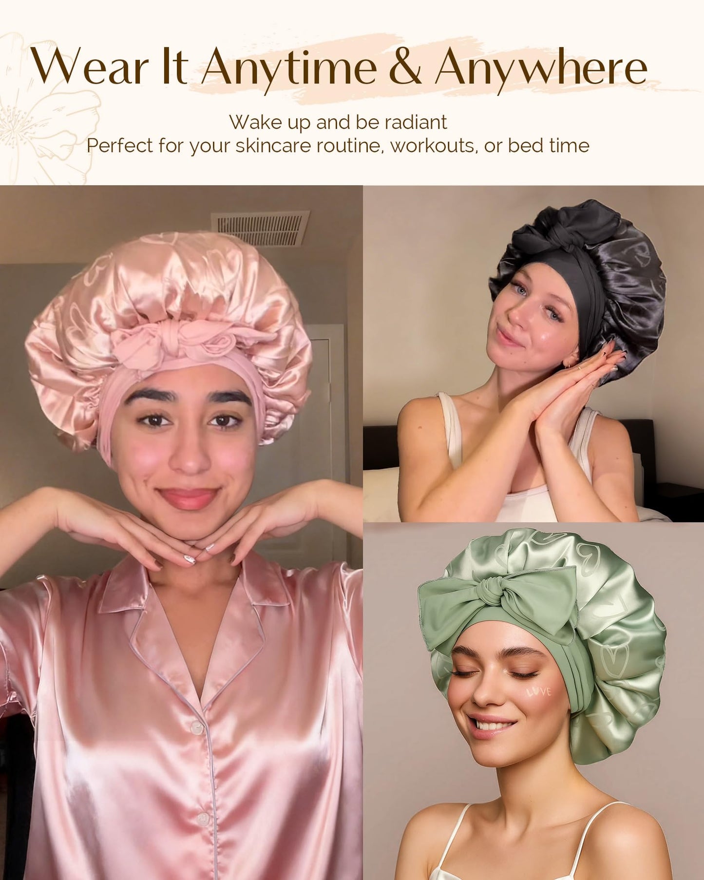 YANIBEST Adjustable Satin Bonnet for Sleeping, Double Layer Silk Bonnet with Tie Band for Women, Sleep Cap Curly Natural Hair, Pink