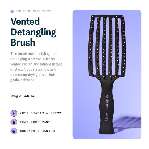 Gimme Beauty Vented Detangling Brush - Quick-Dry, Heat-Resistant Design for Healthy Hair - Ideal for Thick or Thin Locks