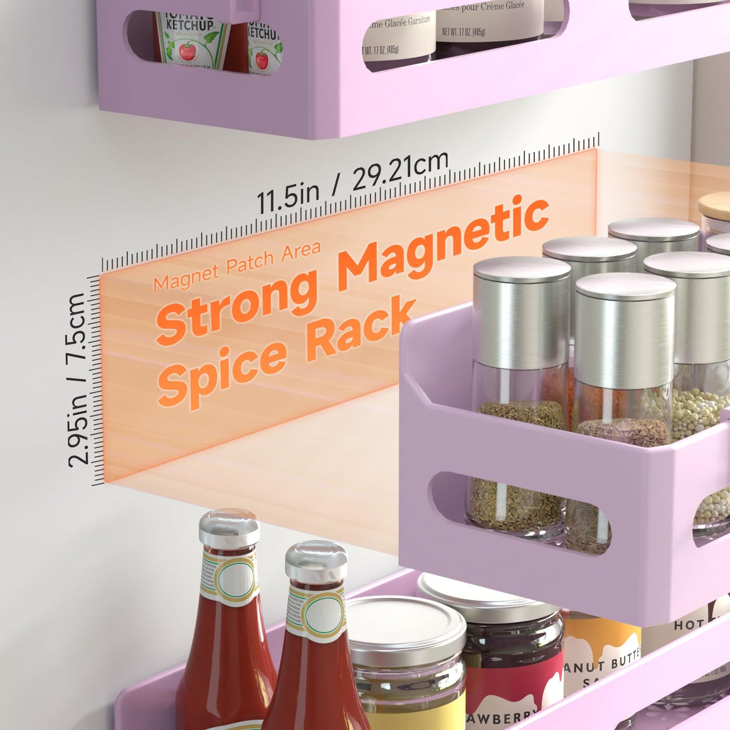 4 Pack Strong Magnetic Spice Rack for Refrigerator, Multipurpose Magnetic Shelf for Fridge with 4 Hooks for kitchen and Bathroom Organization, Black