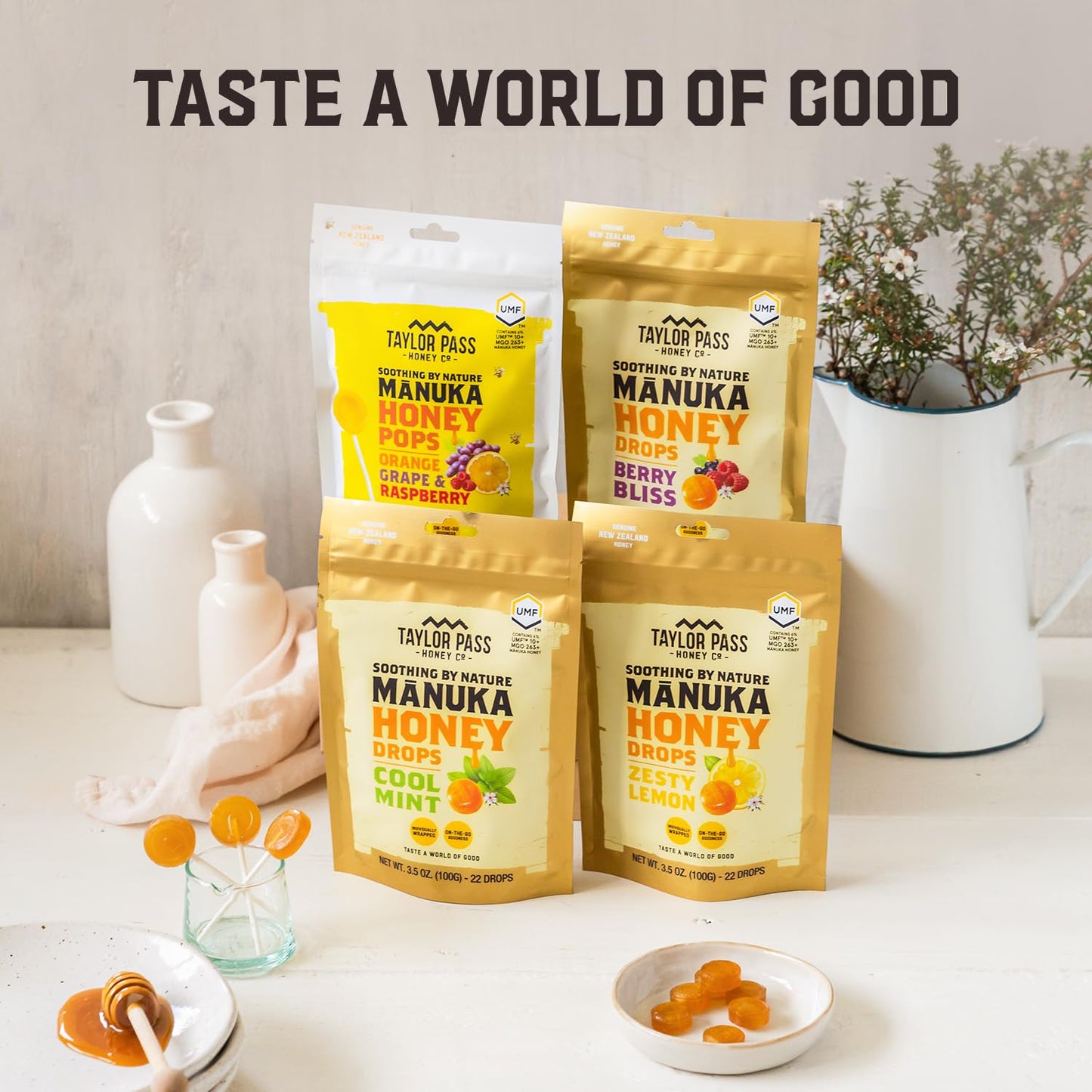 Taylor Pass Honey Co Mānuka Honey Drops UMF™ 10+ - Zesty Lemon Lozenges | Soothing Natural Relief | 22 Individually Wrapped Drops