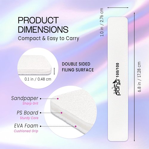 PANA Jumbo Size Double-Sided Nail Files - 10PCS White 100/100 Grit Emery Boards for Manicure & Pedicure