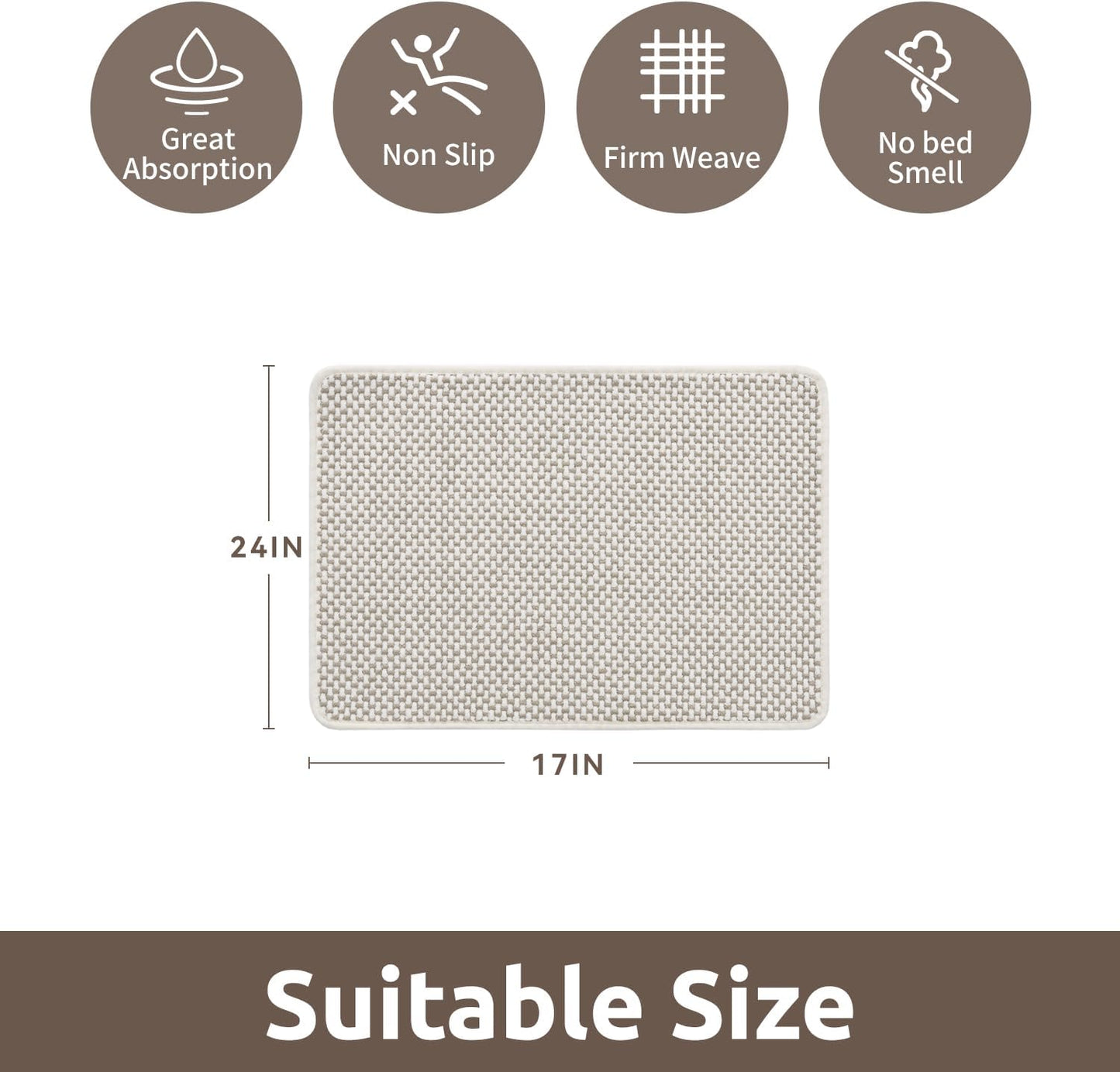 AMOAMI Chenille Bath Mat - Super Absorbent & Quick Dry | Non-Slip Rubber Backed, 17"x24", Beige & White