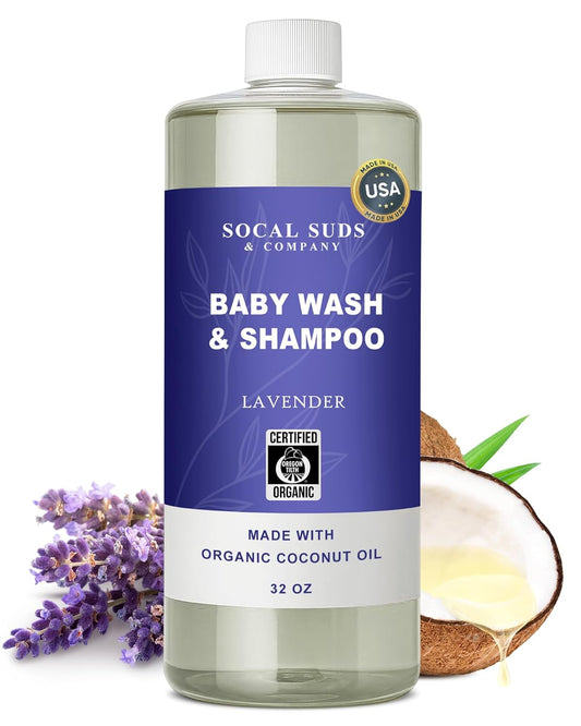 SoCal Suds & Company Organic Foaming Baby Shampoo & Body Wash - Gentle Castile Soap for Sensitive Skin - Lavender, 32oz Refill
