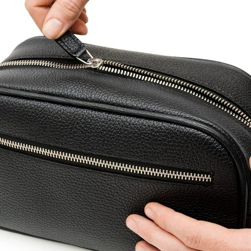 Maruse Italian Leather Toiletry Bag - Handmade Travel Organizer with 2 Zippered Closures | Black