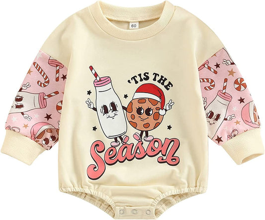 DOSYZTO Newborn Baby Girl Boy Christmas Sweatshirt Romper Outfit Tis The Season Letter Print Patchwork Sweaters Tops (Christmas Season Romper,12-18 Months)