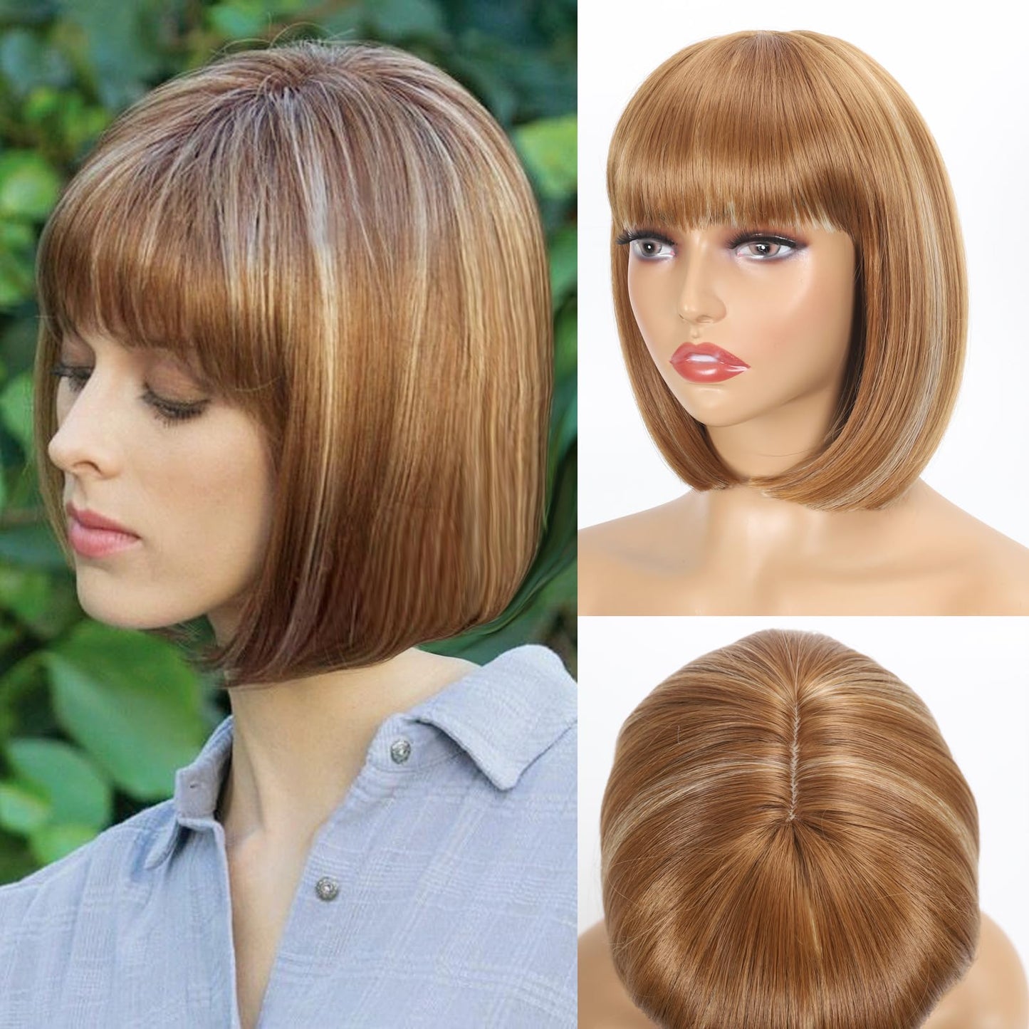 Yunkang Wig With Bangs 12 Inch Mix Brown Blonde color Bob Wig for Women Natural Looking Short Bob Wig With Bangs Heat Resistant Synthetic Hair Wig for Daily Party Cosplay (12inch, M-27/613)