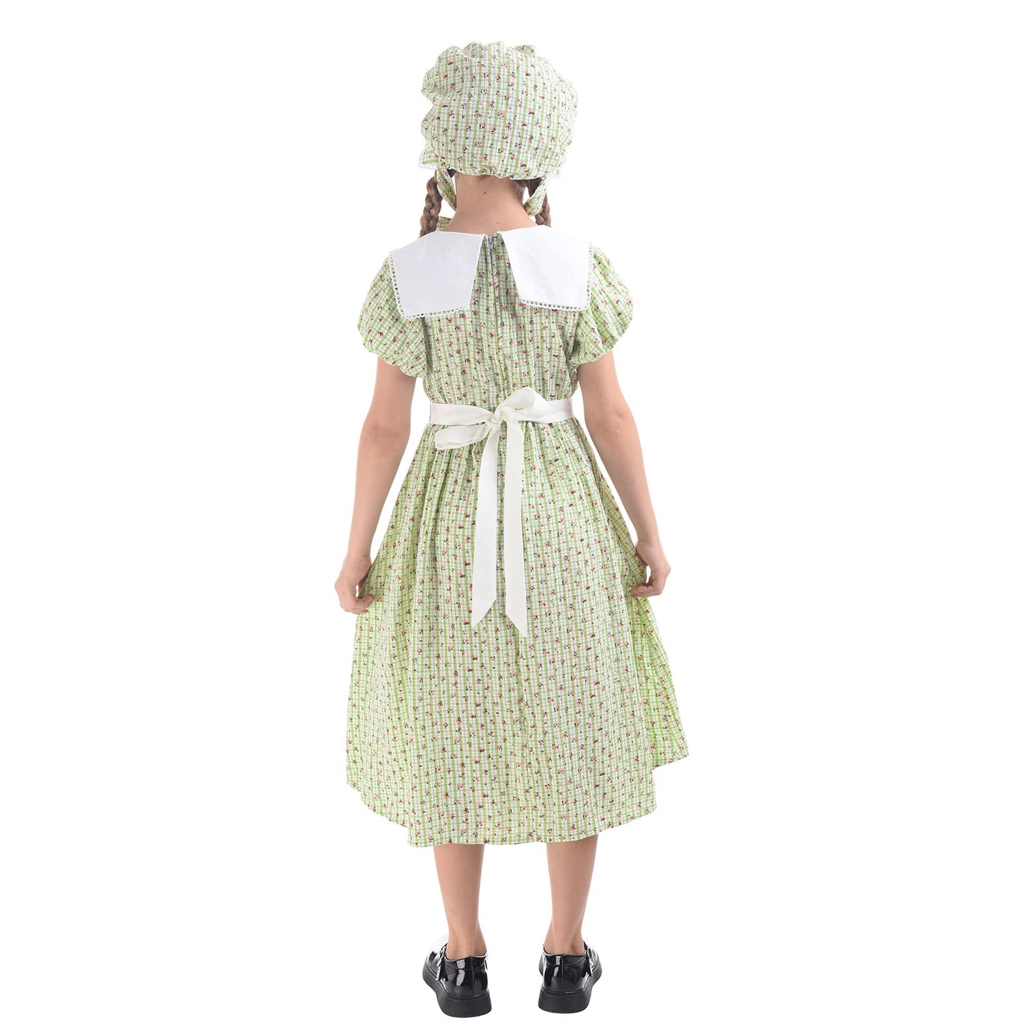 LTAKK Prairie Dresses Girls Pioneer Colonial Costume Girl Pilgrim Dress with Apron and Bonnet, Green Plaid Floral, Large