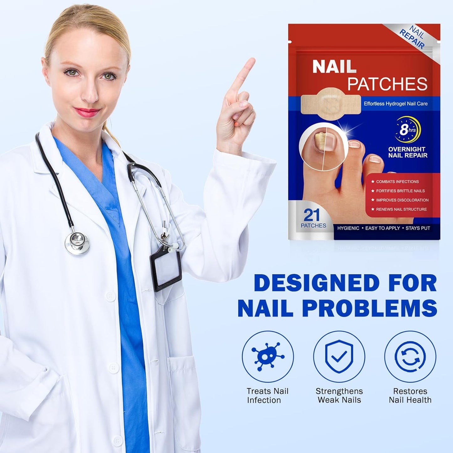 Skiennix Fungal Nail Patches - Extra Strength 8-Hour Overnight Treatment | 42 PCS Hydrogel Care for Damaged Nails