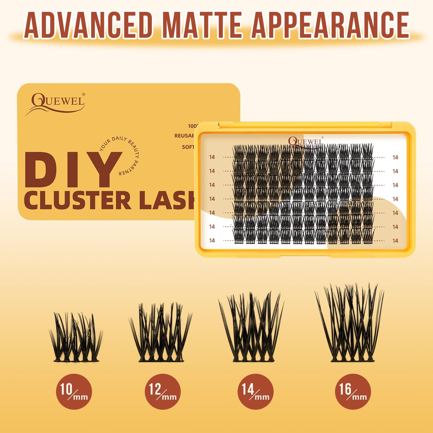 QUEWEL Lash Clusters 14mm Cluster Lashes Eyelash Clusters Soft and Lightweight Barely Feel Lash Cluster Presence Suitable for Complete Beginners' DIY Lash Extensions at Home. (14MM-FDB-01)