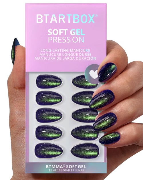 BTArtbox Press On Nails Short - Witch's Emerald, Sparkle Cat Eye Blue Almond Halloween Press On Nails with Nail Glue for Woman, Soft Gel Glue On Nails in 16 Sizes - 32 Stick On Nails Kit