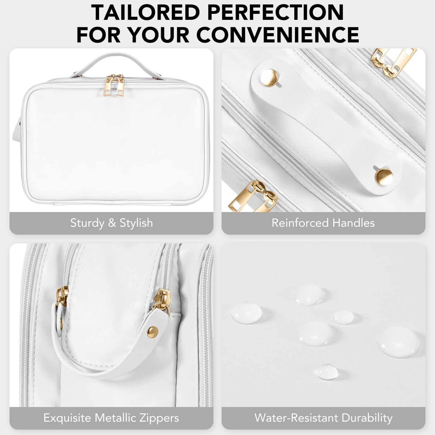 Travel Makeup Bag Women's Large Capacity Cosmetic Portable Organizer Waterproof Large Opening Storage Toiletry Bags Vertical Free-Standing Brush Holder for Easy Access（White）