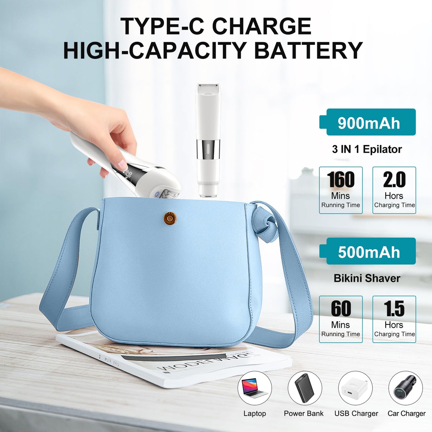 Electric Bikini Epilator for Women, 5 in 1 Hair Removal for Face, Chin, Arm, Leg, Armpit, Bikini Trimmer, IPX6 Waterproof, USB Rechargeable, Wet & Dry Lady Shaver,2 Speeds & 5 Cutter Heads