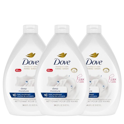 Dove Advanced Care Hand Wash Refill - Deep Moisture Liquid Soap | Value Size Pack of 3 (34 oz) for Dry Skin