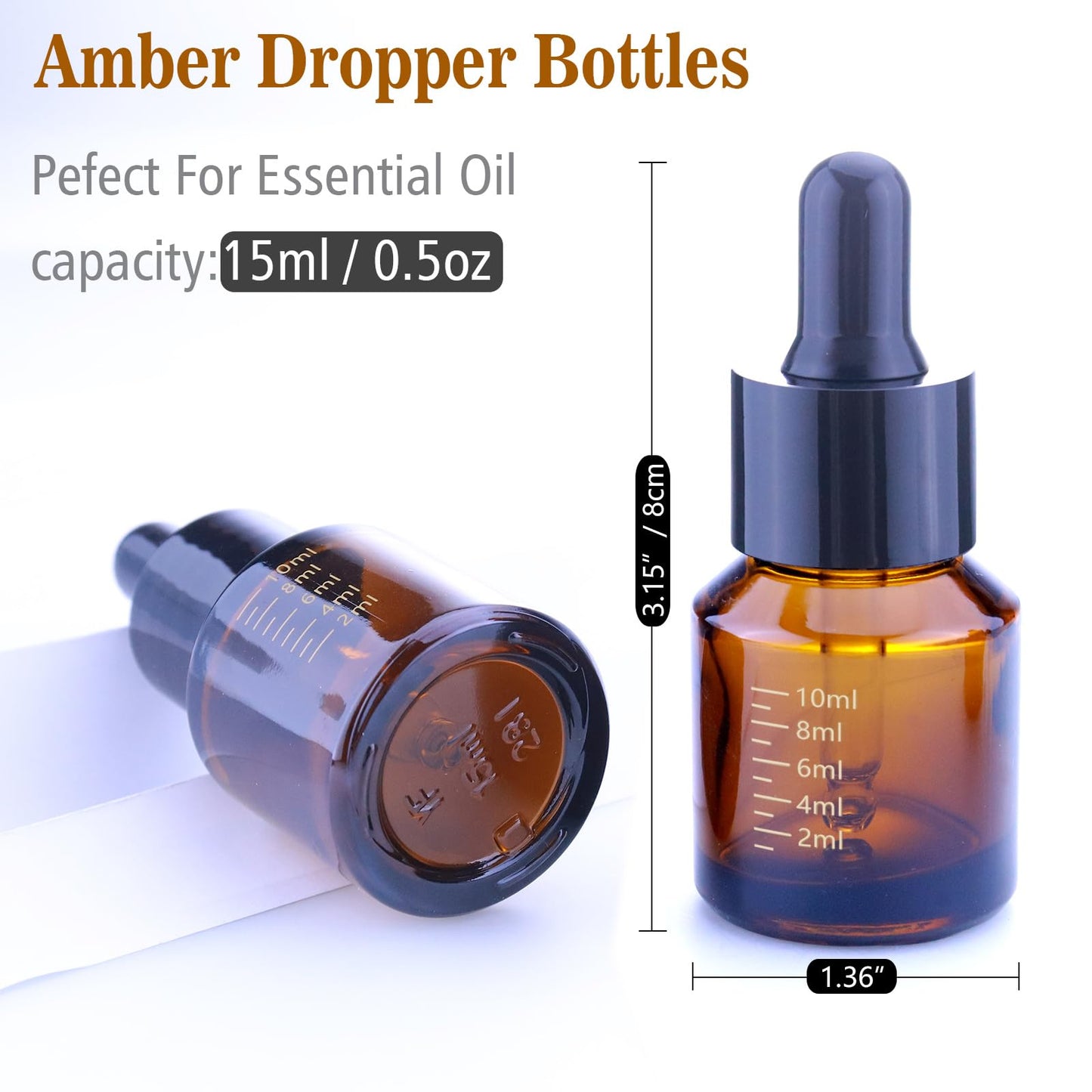Matifaner 15ml Dropper Bottles with Measurement, Glass Essential Oil Jars Amber, 1/2 oz Bottles with Glass Eye Dropper for Essential Oil,Tincture