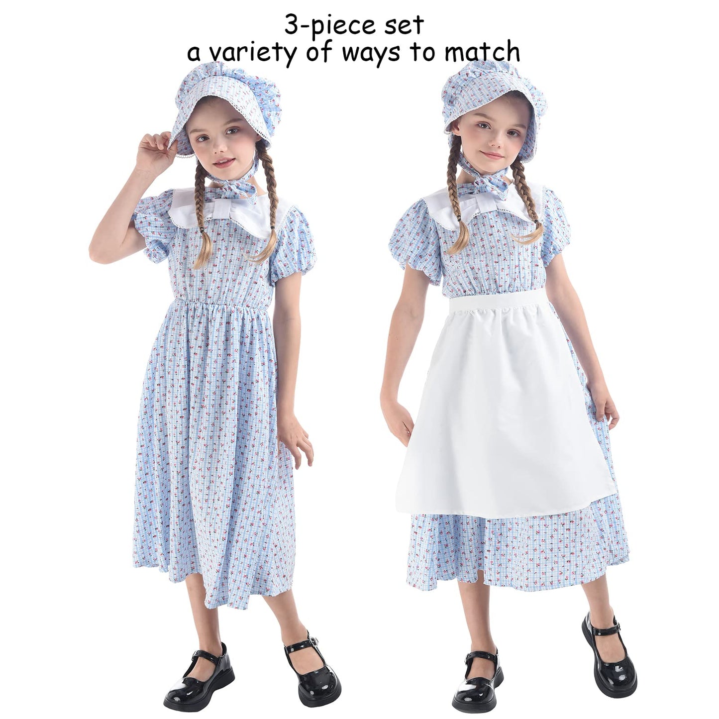 LTAKK Prairie Dresses Girls Pioneer Colonial Costume Girl Pilgrim Dress with Apron and Bonnet, Blue Plaid Floral, Large