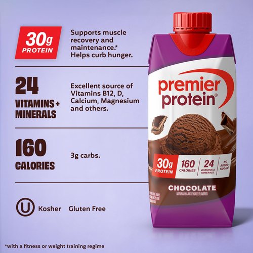 Premier Protein Shake - Chocolate Flavor, 30g Protein, No Added Sugar, 11 fl oz | 12 Pack for Immune Support