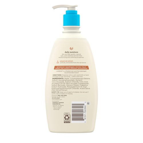 Aveeno Baby Daily Moisture Gentle Body Wash & Shampoo with Oat Extract, 2-in-1 Baby Bath Wash & Hair Shampoo, Tear- & Paraben-Free for Hair & Sensitive Skin, Lightly Scented, 18 fl. oz
