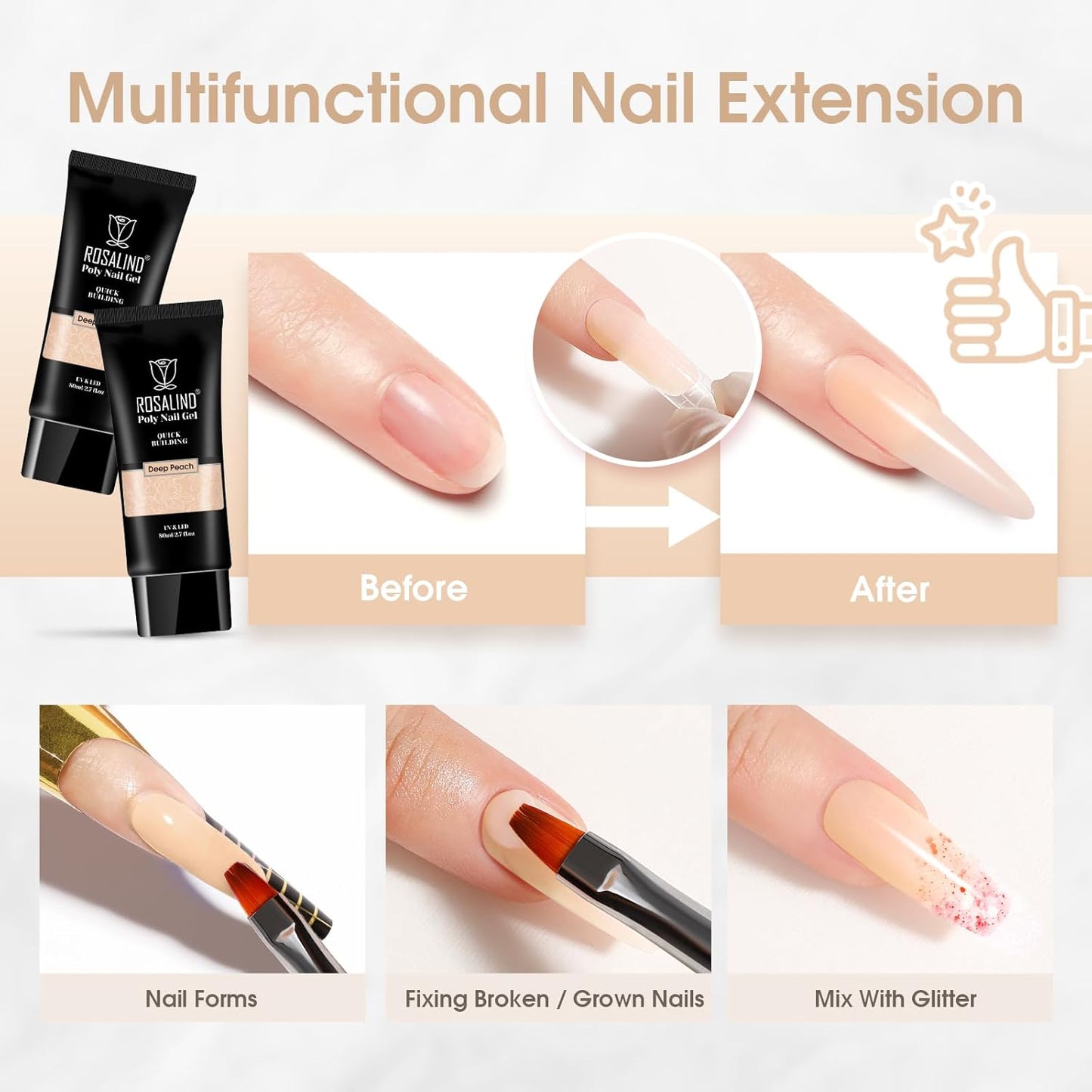 Nude Poly Extension Gel, ROSALIND 2.7 oz Light Nude Poly Nail Gel Builder for Nail Art Decoration, Thickening Extension Easy to DIY Use at Home Need UV Lamp