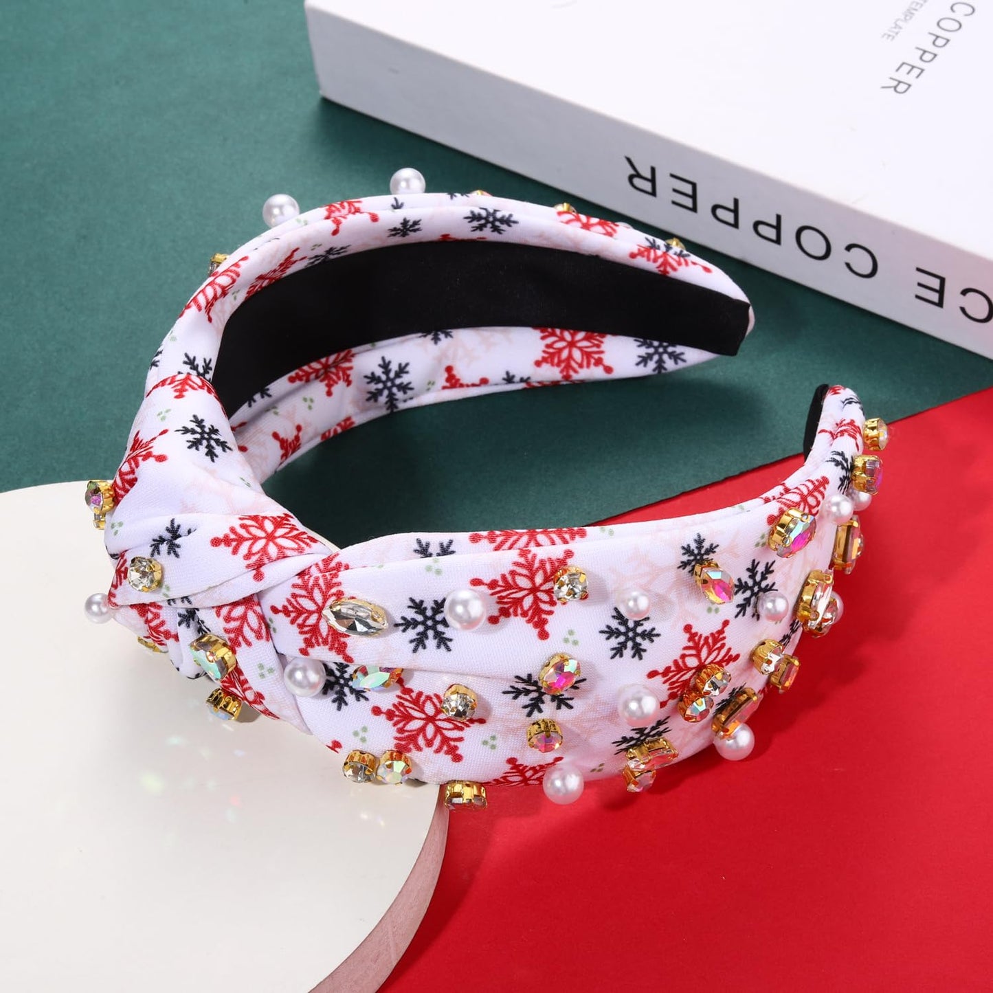 HZEYN Christmas Headband for Women Snowflake Headband Pearl Crystal Embellished Wide Knotted Headband Christmas Holiday Hair Accessories Gifts