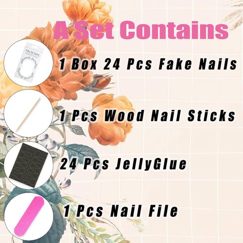 30Pcs Pink Flower Press on Nails Medium Almond Fake Nails Peach Blossom with 3D Rhinestones Pearl Gold Glitter Design Artificial Cute Cat Nails Stick on Nails Spring False Nails for Women Acrylic Nail