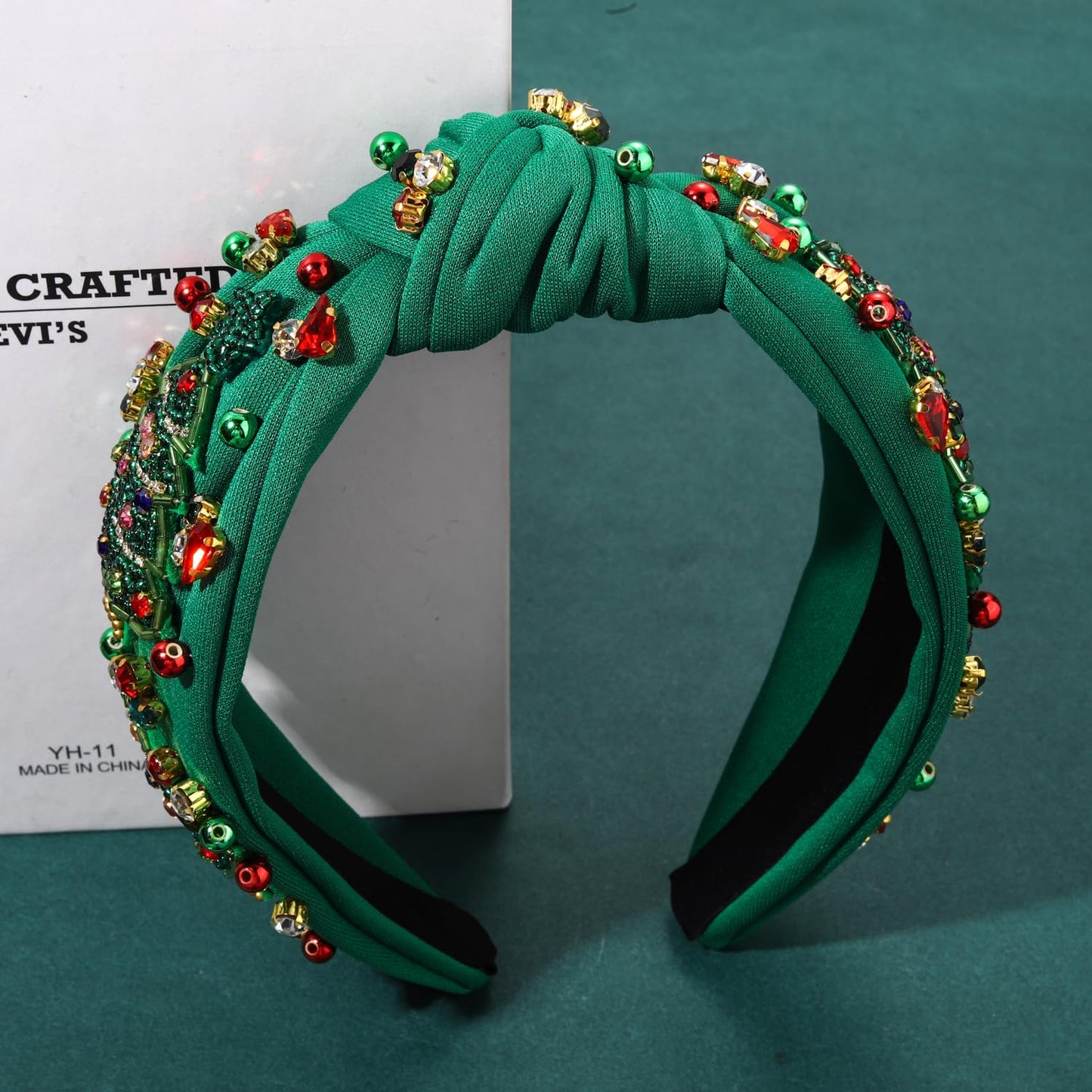 Christmas Headband for Women Beaded Christmas Tree Reindeer Snowflake Headband Jeweled Rhinestone Pearl Knotted Headband Christmas Holiday Hair Accessories Outfit Party Favors (Xmas Tree 1 - Green)