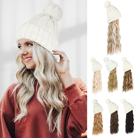 Flufymooz FLmaozi Beanie Wig, Hat Hair Extension Long Wavy White Hat Wig with Faux Fur Pom Hat, wig hat Attached 20 Inch Synthetic Hairpiece for Women Girls Winter (Light Blonde with White Blonde)