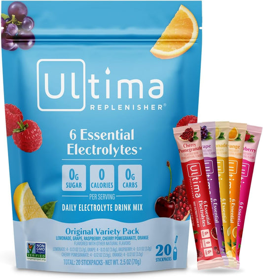 Ultima Replenisher Electrolyte Powder - Original Variety Pack, 20 Sugar-Free Stickpacks | Plant-Based Hydration Mix