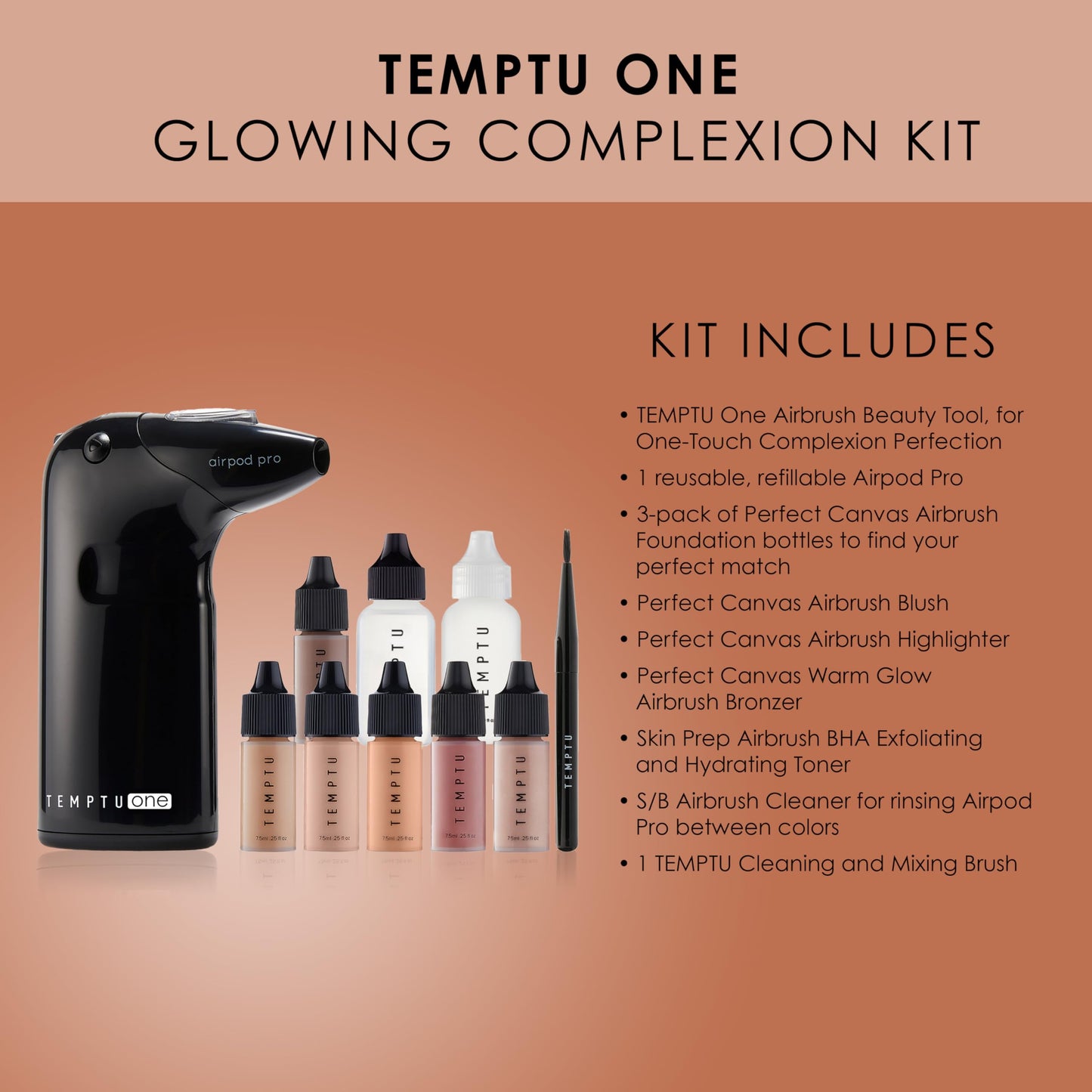 TEMPTU One Airbrush Make-up Kit for Complexion Perfection with Cordless Compressor, Medium: 11-Piece Set, Portable Air Brush Machine, 3 Shades of Foundation, Blush, Bronzer, Instant Concealer