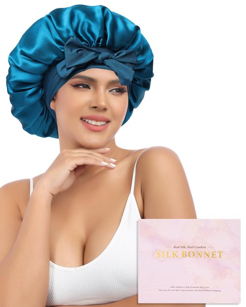 AWAYTR Silk Bonnet for Sleeping Women 100% Mulberry Silk Bonnet with Band 2 Layer Reversible Hair Bonnet Sleeping Hair Wrap (Peacock Blue/Gray)