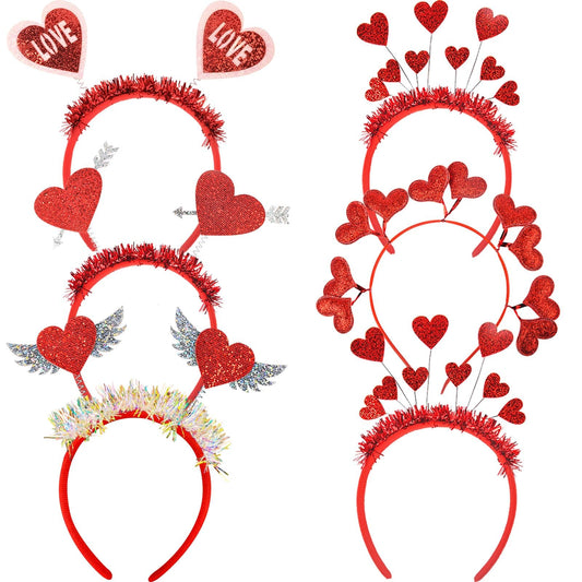 6 Pcs Valentines Day Heart Headbands Cupid Headband Cupid Glitter Red Heart Hair Hoop Headwear Headdress Hair Accessories