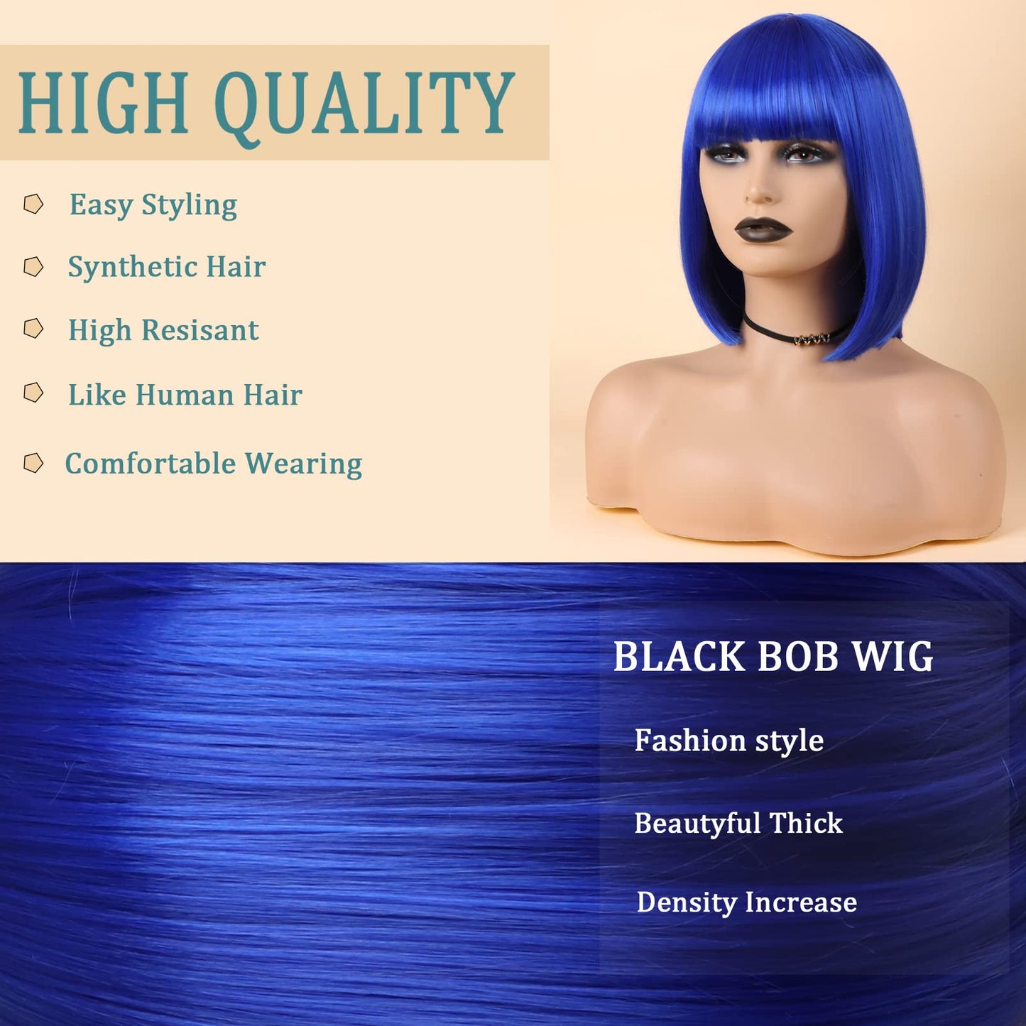 CLSHES Blue Bob Wig with Bangs Short Bob Wigs for Women Straight Bob Wig 12 Inch Synthetic Colorful Wigs Cosplay Party Daily Wig