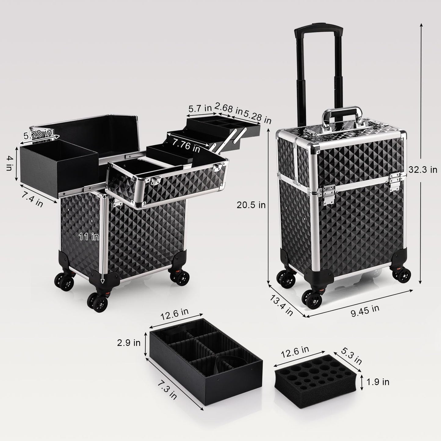 Stagiant Rolling Makeup Train Case Large Cosmetic Trolley 4 Tray with Sliding Rail Removable Layer with Key Swivel Wheels Salon Barber Storage Traveling Cart Trunk - Diamond Black