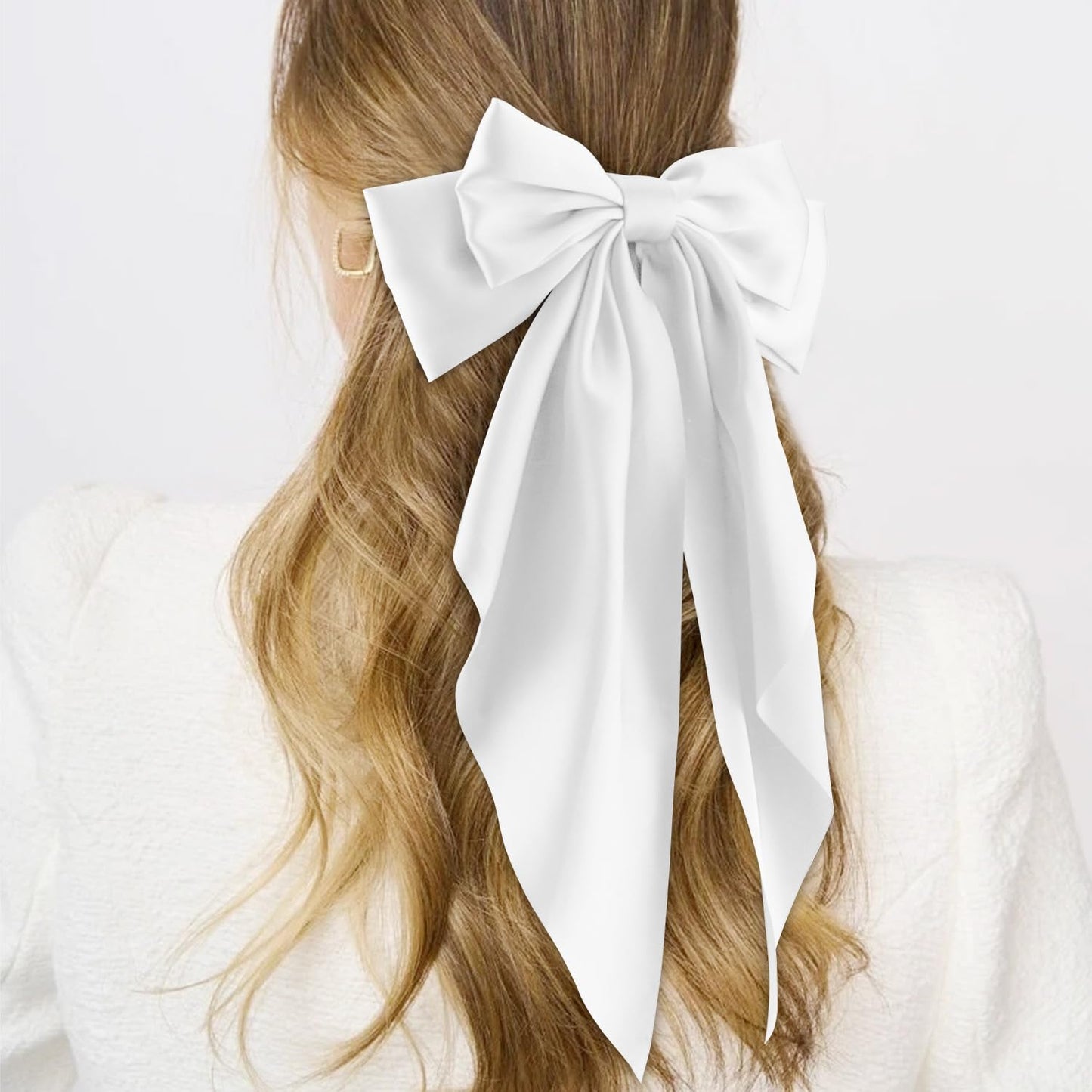 ATODEN White Silky Satin Oversized Long Tail Bowknot Hair Barrettes for Women - Large Metal Clips & Hair Accessories for Wedding