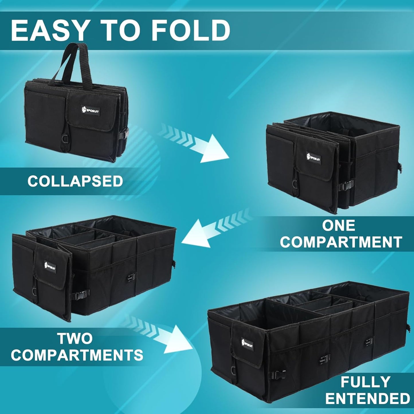 Sposuit Extra Large Trunk Organizer - 98L Collapsible Car Storage with Removable Dividers & Adjustable Straps